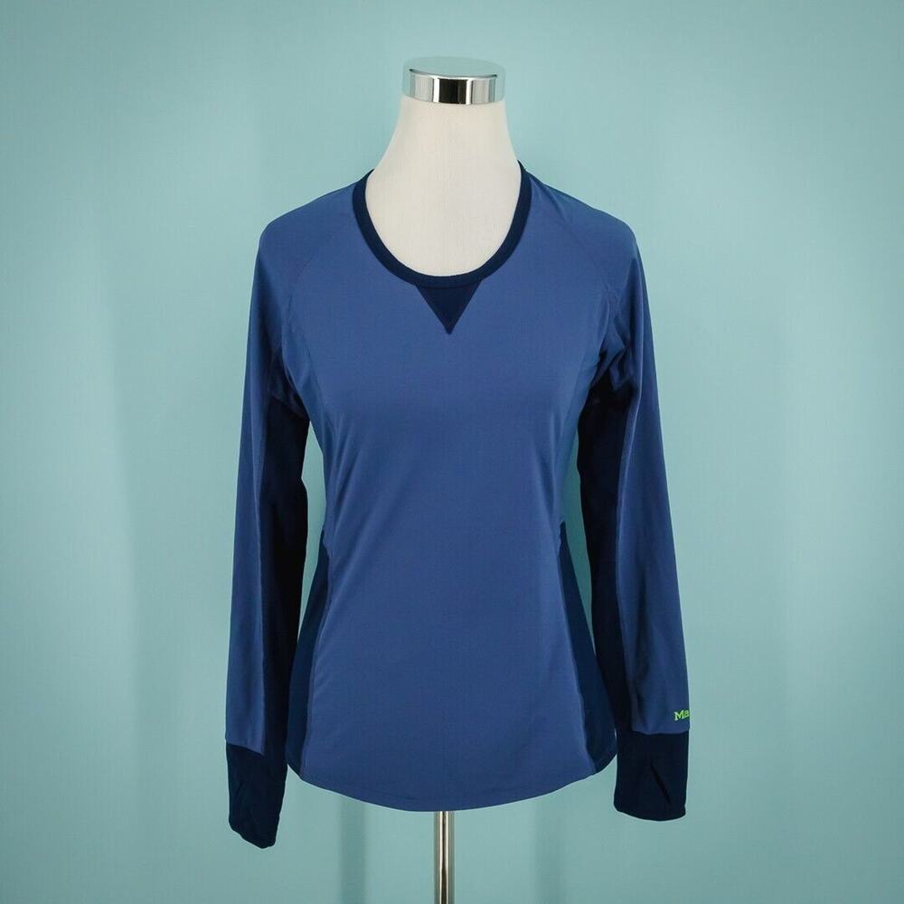 Marmot Size Small S Blue Color Block Print Crew Neck Long Sleeve Baselayer Top